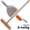 A set of cleaning tools, including a dustpan, a broom, and a hand brush, arranged on a white background. Produktbild-Vorschau
