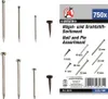 A collage of different types and sizes of nails and pins, along with packaging information. Náhľad obrázku produktu