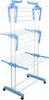 A three-tiered folding drying rack with blue accents and wheels. Produktbild-Vorschau