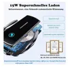 A close-up marketing image of a black wireless car charger with internal components visible, surrounded by text and certification logos. Produktbild-Vorschau