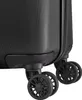 A close-up view of the bottom corner of a black suitcase, showing its wheels and textured surface. Produktbild-Vorschau