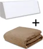 A white wedge-shaped cushion and a folded brown corduroy blanket are shown against a white background, separated by a plus sign. Náhled obrázku produktu