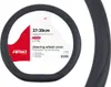 A black steering wheel cover is shown on a white background, with product information and branding visible on a label attached to the cover. Produktbild-Vorschau