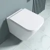 A modern, wall-mounted toilet in a bathroom setting with light gray walls and white tiled floor. Produktbild-Vorschau