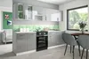 A modern, high-gloss gray kitchen unit with white countertops and a green hexagonal backsplash. Náhled obrázku produktu