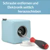 A light blue cube-shaped object with a screwdriver being used to remove a component from its side. Text is overlaid on a light blue background at the top. Produktbild-Vorschau