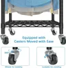A close-up view of a garment rack with clothing on it, highlighting its wheels. Voir les images du produit