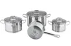 A set of stainless steel pots and pans with glass lids, arranged on a white background. Produktbild-Vorschau