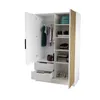 A white wardrobe with wooden slatted accents, shown open with clothes and storage items inside. Produktbild-Vorschau