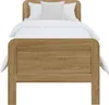A front view of a wooden bed with white bedding and pillows. Produktbild-Vorschau