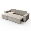 A sectional sofa is shown from a slightly elevated diagonal angle against a white background. The sofa is beige and appears to be made of fabric with a ribbed texture. It is partially unfolded, revealing a storage compartment underneath. Produktbild-Vorschau