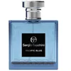 A studio shot of a blue glass perfume bottle with a silver cap. Voir les images du produit