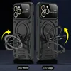 Two black phone cases with magnetic ring holders are displayed side-by-side against a dark background. Yellow arrows indicate the rotation and collapse features of the ring holders. Produktbild-Vorschau