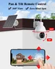 A split image showing a solar-powered security camera with its features highlighted, and a smartphone displaying the camera's live feed. Produktbild-Vorschau