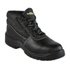 A black safety boot with green stitching and laces, shown against a white background. Produktbild-Vorschau