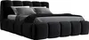 A black upholstered bed with gray pillows and a black blanket. Produktbild-Vorschau