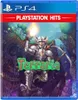 The image is a video game box cover for Terraria on PlayStation 4, featuring artwork of a knight in armor holding a torch and pickaxe. Produktbild-Vorschau