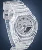 A clear, transparent G-Shock watch with a gray dial is shown against a gradient blue and gray background. Voir les images du produit