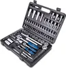 A tool kit in a black case, with the lid open, showing various tools. Produktbild-Vorschau