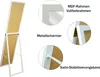 A white standing mirror with details highlighted by close-up images and text labels. Náhled obrázku produktu