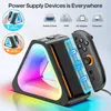 A gaming accessory charging station with colorful LED lights, showing a controller being docked. Produktbild-Vorschau