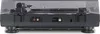 The back view of a black turntable with a clear dust cover. Produktbild-Vorschau