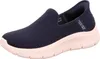 A single navy blue Skechers slip-on shoe with a pink sole is shown against a white background. Produktbild-Vorschau