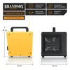 Two heater units are shown, one yellow and one black, with dimensions and feature callouts. The yellow unit is shown from the side, and the black unit from the front. Produktbild-Vorschau