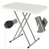 A white folding table with gray metal legs, shown with close-up insets of a leg joint and foot. Produktbild-Vorschau