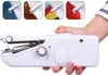 A hand holding a white handheld sewing machine with four small inset images showing its use on different fabrics. Náhled obrázku produktu