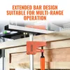 A woodworking clamp is shown attached to wooden planks, with text overlay describing its features. Podgląd zdjęcia produktu