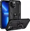 A black protective phone case with a ring stand is shown from multiple angles, with a phone partially visible. Produktbild-Vorschau