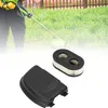 A person is using a string trimmer in a grassy yard, with a close-up of a replacement air filter and cover in the foreground. Produktbild-Vorschau