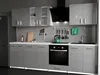 A modern, high-gloss gray kitchen unit with a white countertop, featuring an oven, sink, and various kitchen utensils. Náhľad obrázku produktu