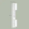 A tall, narrow white storage cabinet with several open shelves, a drawer, and two doors, one of which is ajar. Dimensions are indicated with text. Produktbild-Vorschau
