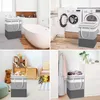 Collage of four images showing a laundry basket in different home settings: a bathroom, a laundry room, a child's room, and a closet. Produktbild-Vorschau