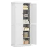 A white four-door storage cabinet with its doors open, revealing shelves stocked with folded towels, boxes, and baskets. Voir les images du produit