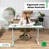 A woman is working at a height-adjustable desk in a home office setting, with dimensions and features highlighted. Produktbild-Vorschau