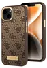 A close-up shot of a brown iPhone case with a repeating Guess logo pattern and gold accents, placed next to an iPhone. Voir les images du produit