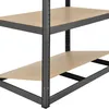 A close-up view of a metal shelving unit with wooden shelves against a white background. Podgląd zdjęcia produktu