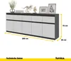 A 3D rendering of a sideboard with dimensions indicated. Voir les images du produit