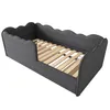 A gray upholstered bed frame with a wooden slat base, shown from a diagonal angle. Produktbild-Vorschau