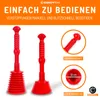 Marketing image showing two red plungers, a close-up of a plunger handle, and a diagram indicating the size of the plunger head. Produktbild-Vorschau