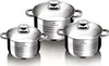 A set of three stainless steel pots with glass lids, displayed on a white background. Produktbild-Vorschau