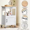 A white kitchen cart with a wooden top, featuring various storage options and accessories, presented with feature callouts. Produktbild-Vorschau