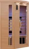 A wooden infrared sauna cabin with a glass door and a control panel. Produktbild-Vorschau
