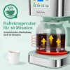 A close-up marketing image of a coffee maker, highlighting its features with text overlays and graphics. Produktbild-Vorschau