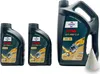 Three bottles of motor oil are displayed on a white background. A small funnel is also visible to the right of the largest bottle. Produktbild-Vorschau