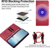 Collage of images showing a red phone case with RFID blocking features and a diagram illustrating its layers. Produktbild-Vorschau