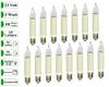 A collection of small, candle-shaped light bulbs with white casings and clear glass tops, arranged in two rows on a white background. Text labels on the left side provide product specifications. Produktbild-Vorschau